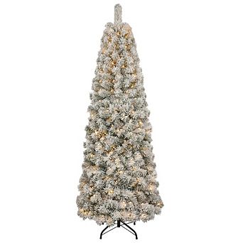 Slim Flocked Artificial Christmas Tree with Pre-Lit LED Lights Warm White and Multicolor Lights Fold
