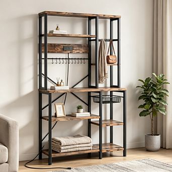 Bakers Rack with LED Lights Coffee Bar Microwave Stand with Built‑in Outlets and 12 Utility Hooks Ap