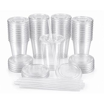 100 Pack Clear Plastic Cold Cups W/ Flat Lids and Individually Wrapped White Straws