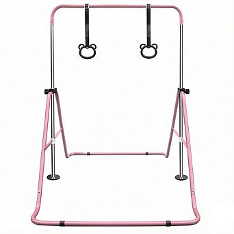 Adjustable Children's Horizontal Gymnastic Bar with Bear Rings Foldable, 110lbs Capacity