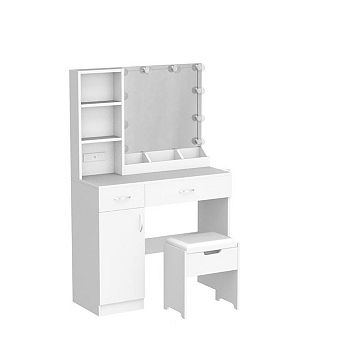 Vabches Vanity Desk with Lighted Mirror, Makeup Table with Storage Drawers & LED Lights