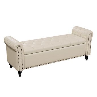 Vabches 55 in Upholstered Storage Bench with Tufted Faux Leather, Rolled Arms