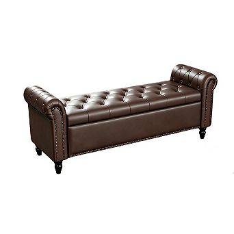 Vabches 55 in Upholstered Storage Bench with Tufted Faux Leather, Rolled Arms