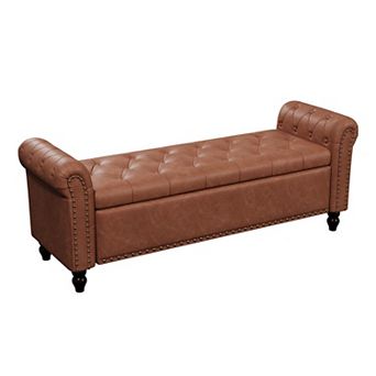Vabches 55 in Upholstered Storage Bench with Tufted Faux Leather, Rolled Arms