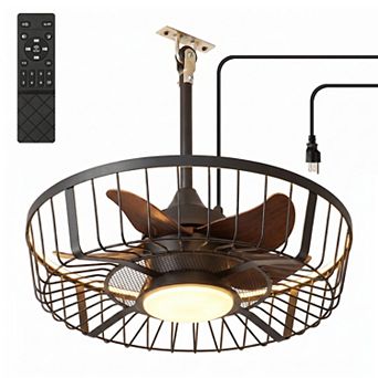 Lanmate Industrial Metal Cage Ceiling Fan With LED Light Plug In 6 Speed Reversible Fan With Remote