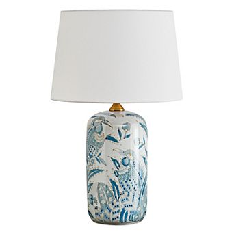 Lanmate Modern Blue Ceramic Table Lamp with Floral Bird Pattern for Bedroom, Living Room