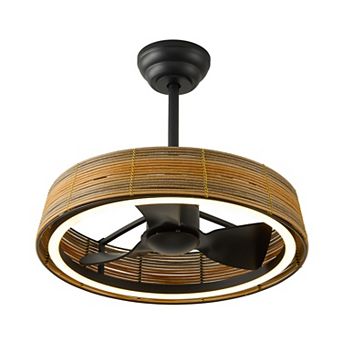 Lanmate Woven Rope Caged Boho Ceiling Fan with LED Light ABS Blades for Bedroom Living Room