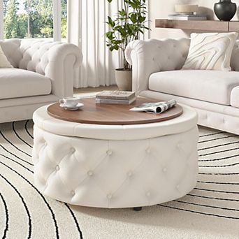 Vabches 29-inch Round Velvet Storage Ottoman, Coffee Table with Tray