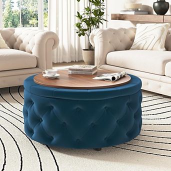 Vabches 29-inch Round Velvet Storage Ottoman, Coffee Table with Tray