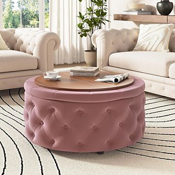 Vabches 29-inch Round Velvet Storage Ottoman, Coffee Table with Tray