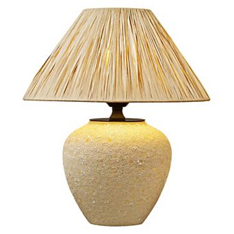 Lanmate Beige Rough Speckled Ceramic Table Lamp With Pleated Paper Raffia Shade