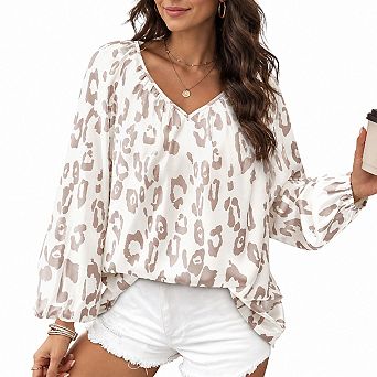 Womens Leopard Print Satin Blouse V Neck Long Sleeve Loose Fit Tops