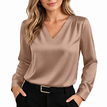 Women Satin Blouse V Neck Ruched Shoulder Long Sleeve Business Casual Work Top