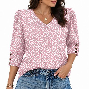 Womens 3/4 Length Sleeve V Neck Puff Sleeve Tunic Blouses Casual Wear