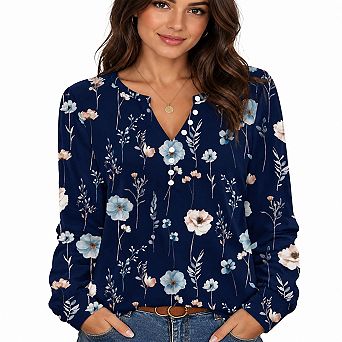 Women Floral Print Long Sleeve V Neck Button Up Tunic Tops Fall Casual Blouses
