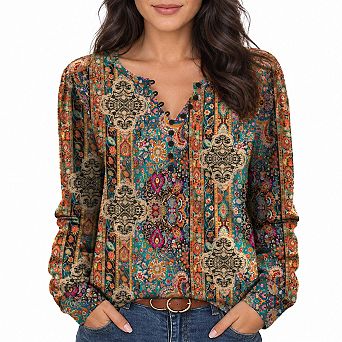 Women Floral Print Long Sleeve V Neck Button Up Tunic Tops Fall Casual Blouses