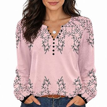 Women Floral Print Long Sleeve V Neck Button Up Tunic Tops Fall Casual Blouses
