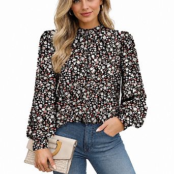 Women Mock Neck Pleated Front Long Sleeve Blouses Dressy Casual Tops
