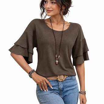 Women's 3/4 Ruffle Bell Sleeve Crew Neck Tops