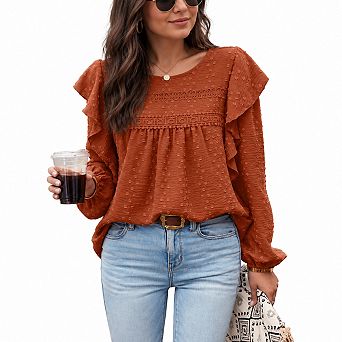 Women's Loose Fit Ruffle Swiss Dot Long Sleeve Casual Dressy Tops