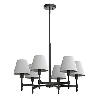 27 in 6-light black chandelier with gray fabric shades, adjustable height for daily indoor lighting.
