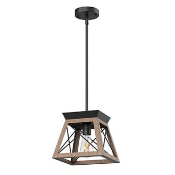 Vintage Industrial Pendant Light, Dark Wood Grain Finish with Metal Downrod, No Bulb Included