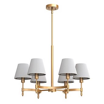 69 in 6-light gold chandelier with light gray fabric shade, height adjustable for dining room foyer.