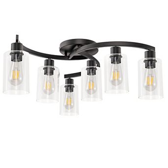 6-Light Matte Black Semi-Flush Mount, Tube Glass Shade, E26 Base