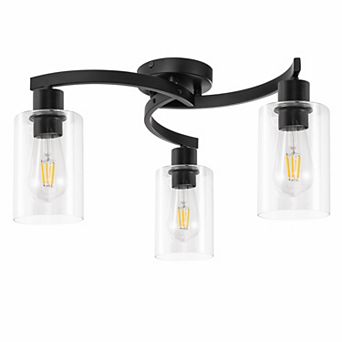 3-Light Matte Black Semi-Flush Mount, Tube Glass Shade, E26 Base