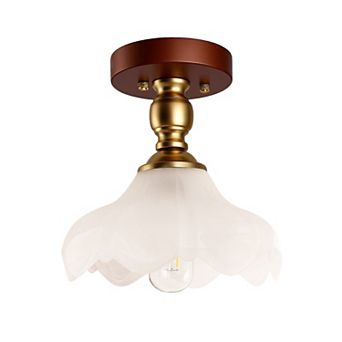 Vintage Semi-Flush Mount Light, Wood Grain & Brass Metal Glass Design