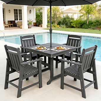 5 pc HDPE Poly Lumber Table and Chair, Outdoor Dining Set With Umbrella Hole - 1 table & 4 chairs