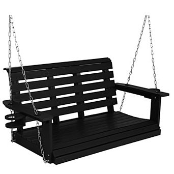 2-Person Outdoor Porch Swing, Weather-Resistant Hanging Patio Bench with Cup Holders,