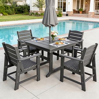 5 pc HDPE Poly Lumber Table and Chair, Outdoor Dining Set With Umbrella Hole - 1 table & 4 chairs