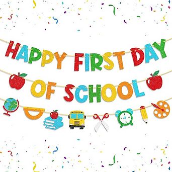 Pre-Strung First Day of School Banner, Glitter Kindergarten Classroom Decoration
