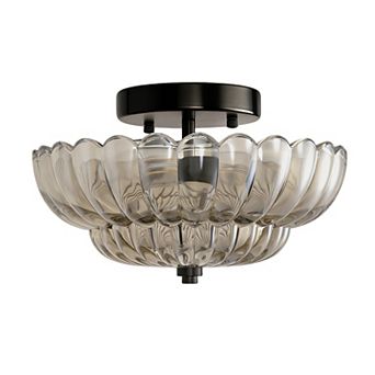 3-Light 11.6 Inch Flush Mount Light, Matte Black Amber Fan Glass Shade, E26 Base