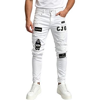 Men’s Skinny Ripped Jeans, Cartoon Patch Embroidered Distressed Denim Pants