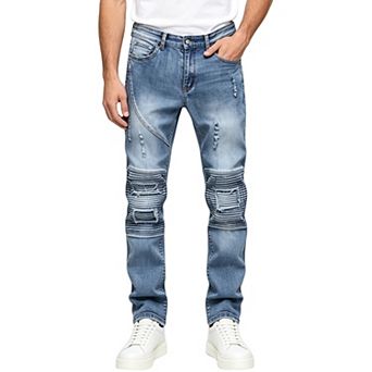 Men’s Slim Biker Jeans, Ribbed Knee Panel Distressed Denim Pants For Casual Street Wear