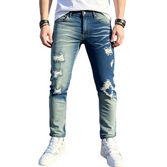 Men’s Skinny Ripped Gradient‑Wash Denim Jeans, Trendy Fashion Slim Long Trousers