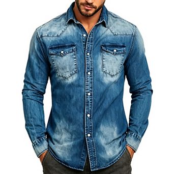 Men’s Long‑Sleeve Denim Jacket, Western Snap‑Button Shacket with Chest Pockets