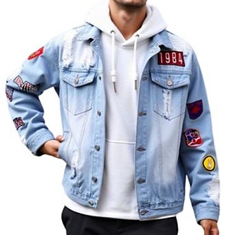 Men’s Patched Distressed Denim Jacket, Vintage Trucker Casual Button‑Up Outerwear