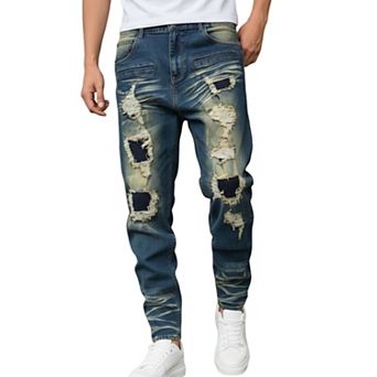 Men’s Ripped Patch Jogger‑Fit Jeans,Distressed Frayed Denim Pants for Street Daily Outfit