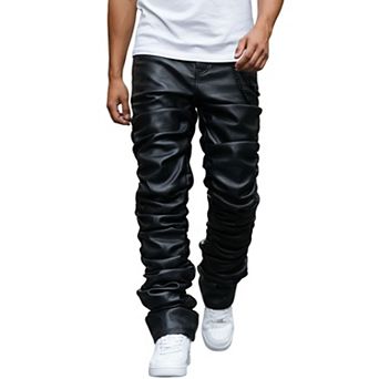 Men’s Ruched Stacked Faux Leather Pants, Chain Decor Flared Streetwear Trousers