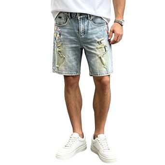 Men’s Ripped Denim Shorts, Paint‑Splatter Printed Casual Street‑Wear Knee‑Length Pants