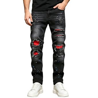 Men’s Ripped Straight‑Fit Jeans,Paint‑Splash Print Denim Pants With Contrast Inner Lining