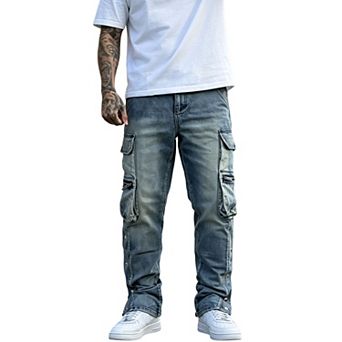 Men’s Multi‑Pocket Cargo Denim Pants, Zip‑Cuff Straight‑Leg Utility Fashion Trousers