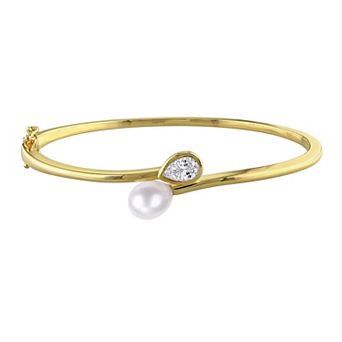 Stella Grace 18k Gold Flash Plated Silver 3/4 Carat T.W. Lab-Grown Diamond & Cultured Pearl Bangle Bracelet