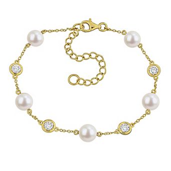Stella Grace 18k Gold Flash Plated Silver 1 Carat T.W. Lab-Grown Diamond & Freshwater Cultured Pearl Station Bracelet