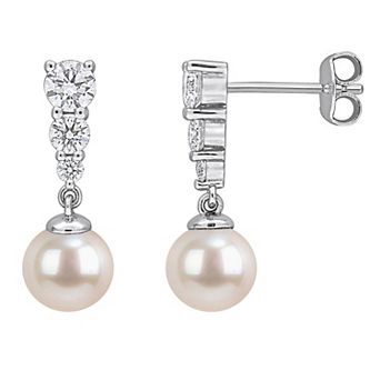 Stella Grace Sterling Silver 4/5 Carat T.W. Lab-Grown Diamond & Freshwater Cultured Pearl Drop Earrings
