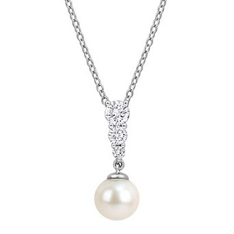 Stella Grace Sterling Silver 3/8 Carat T.W. Lab-Grown Diamond & Freshwater Cultured Pearl Pendant Necklace