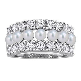 Stella Grace Sterling Silver 1 4/5 Carat T.W. Lab-Grown Diamond & Freshwater Cultured Pearl Multi-Row Ring